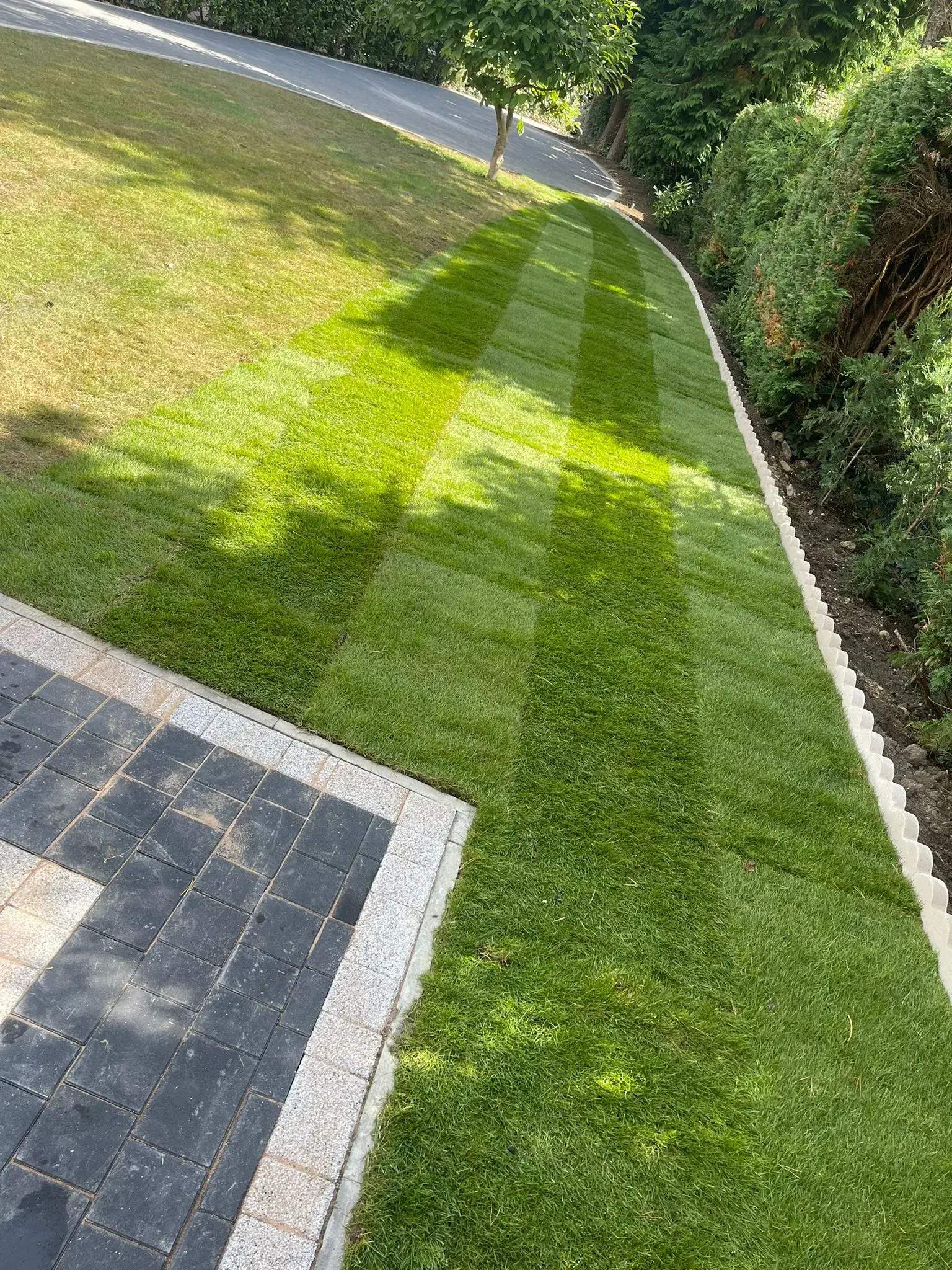 A green lawn with a stone walkway in the middle of it.